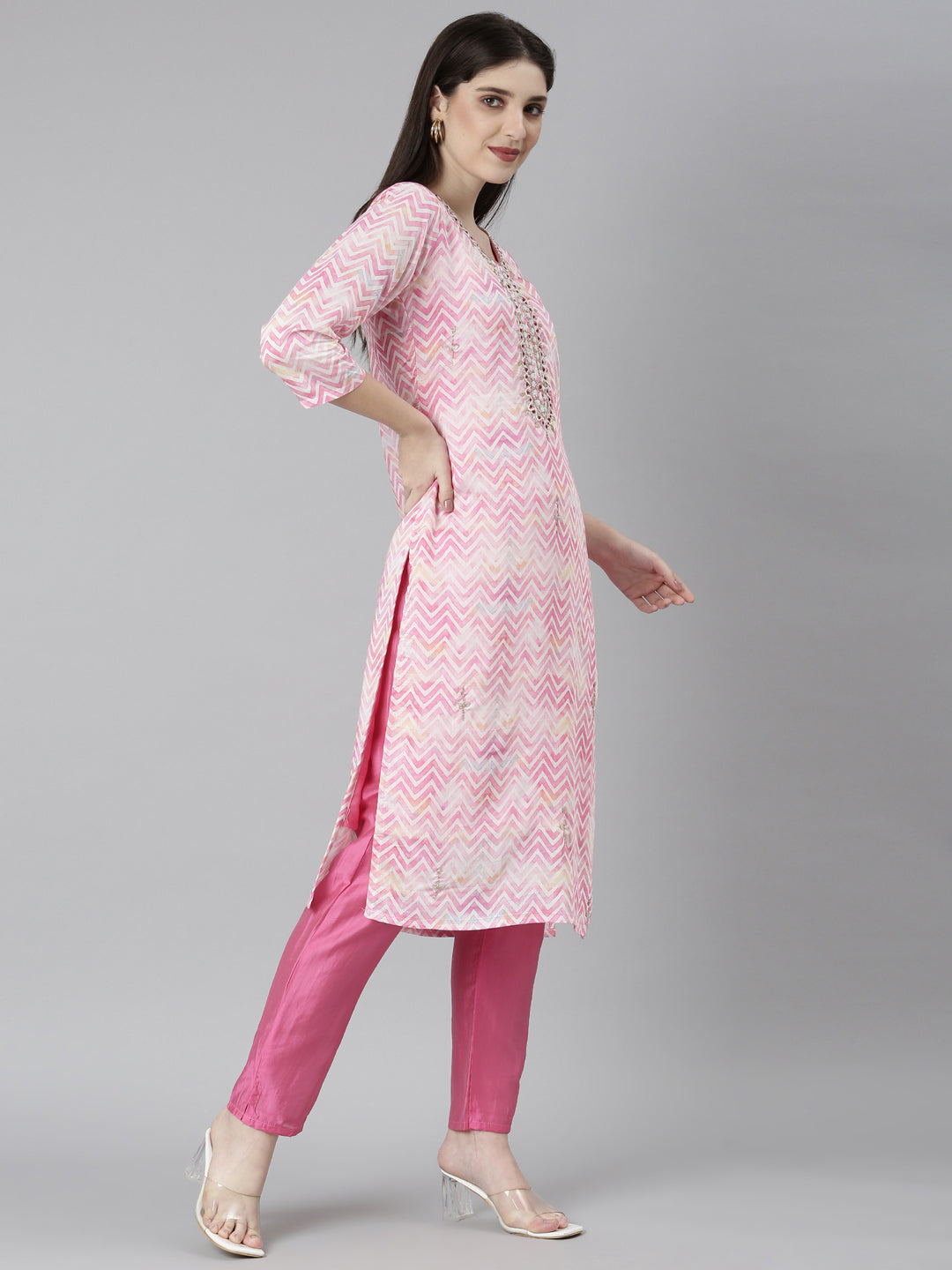 Neerus Pink printed straight kurta set with trouser and dupatta - back view
