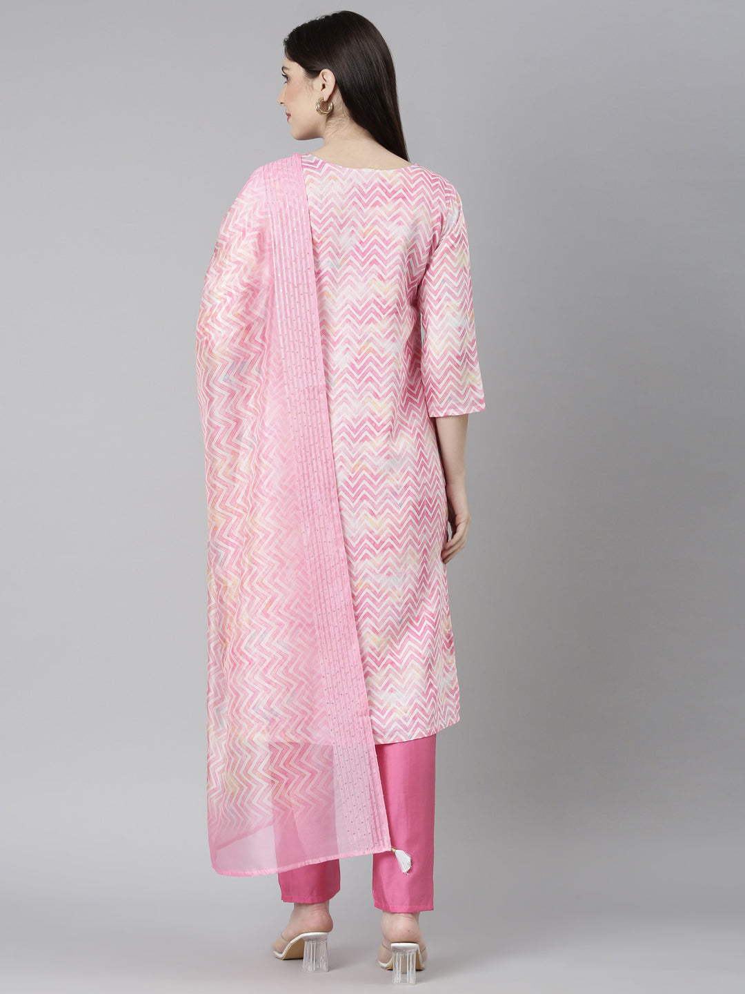 Neerus Pink printed straight kurta set with trouser and dupatta - side view