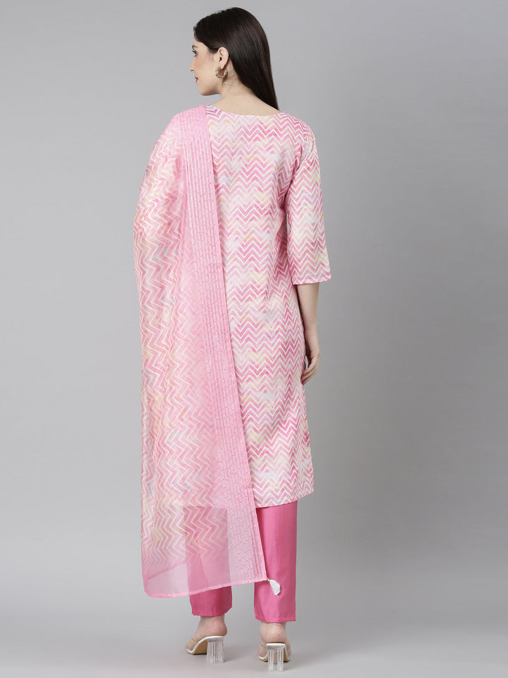 Neerus Pink printed straight kurta set with trouser and dupatta - side view