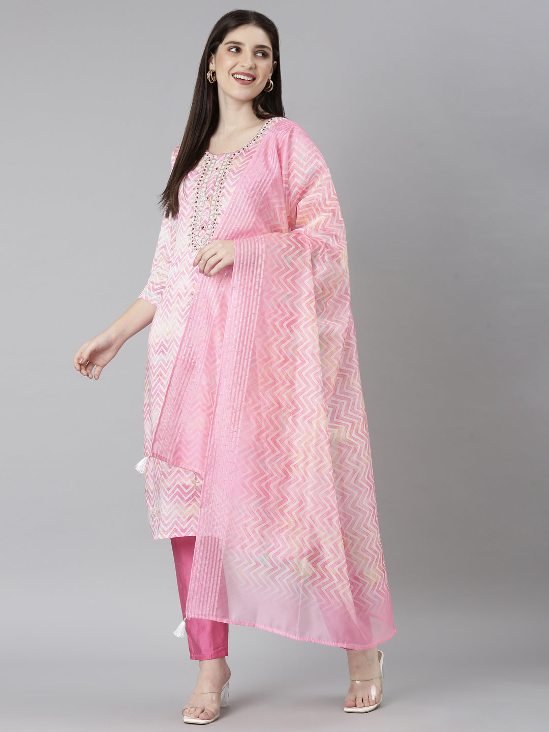 Neerus Pink printed straight kurta set with trouser and dupatta - detail view 2
