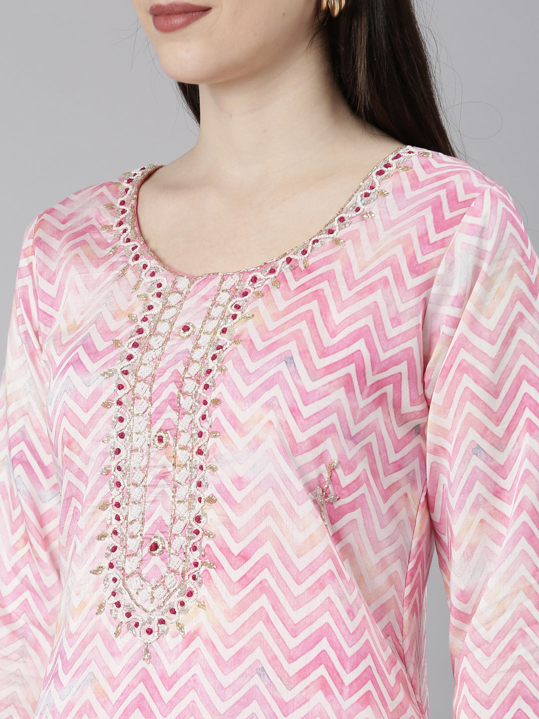 Neerus Pink printed straight kurta set with trouser and dupatta - detail view 1