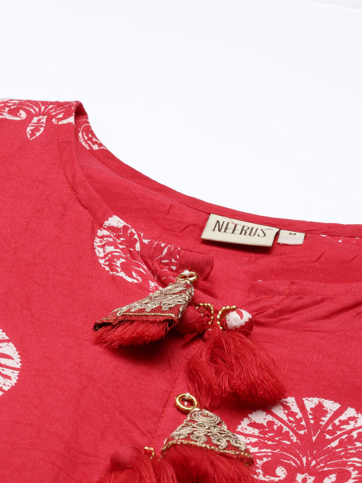 Neerus Red printed embellished kurta set with trousers - detail view 1
