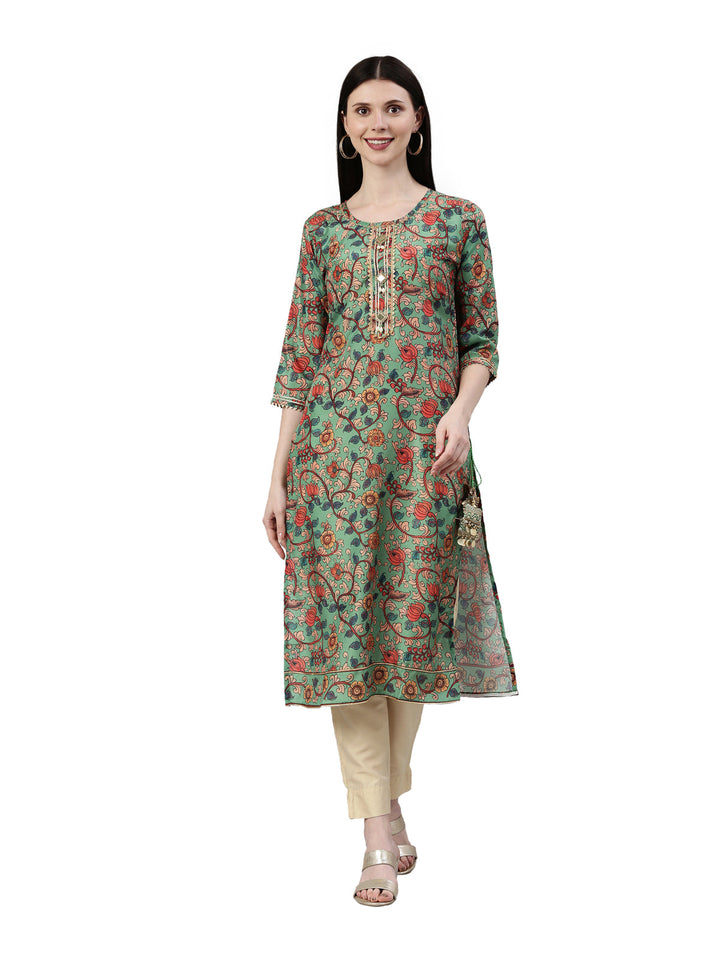 Neerus Green raw silk printed kurta floral - front view