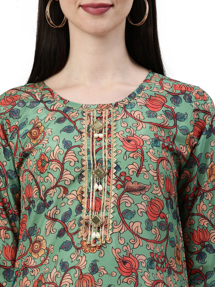Neerus Green raw silk printed kurta floral - detail view 2