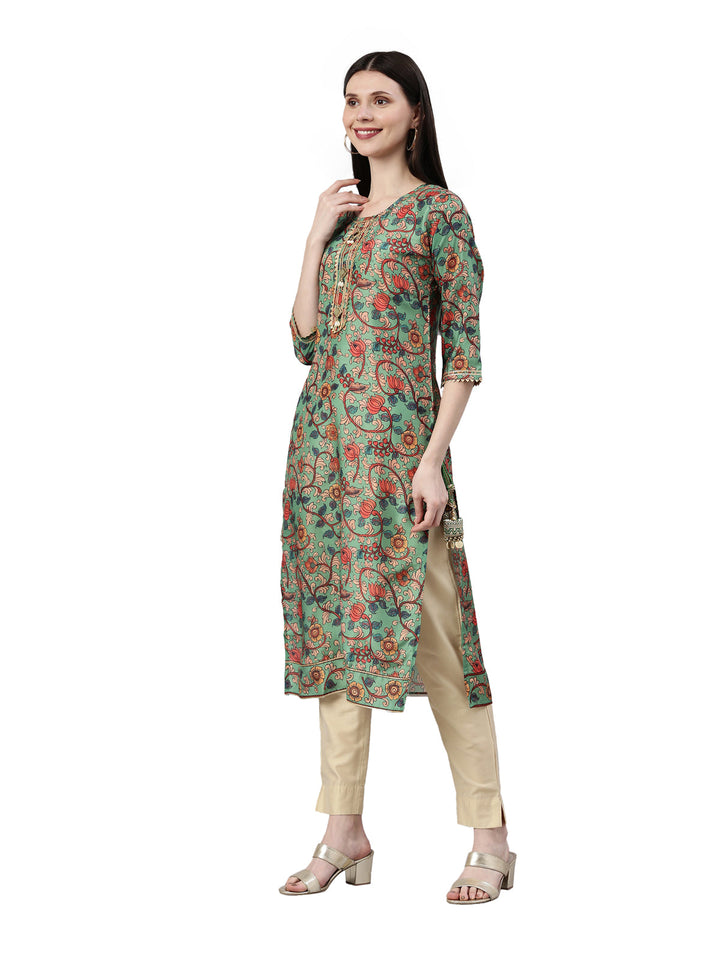 Neerus Green raw silk printed kurta floral - back view
