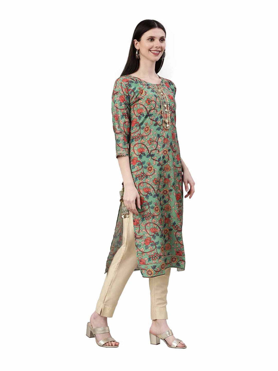 Neerus Green raw silk printed kurta floral - side view