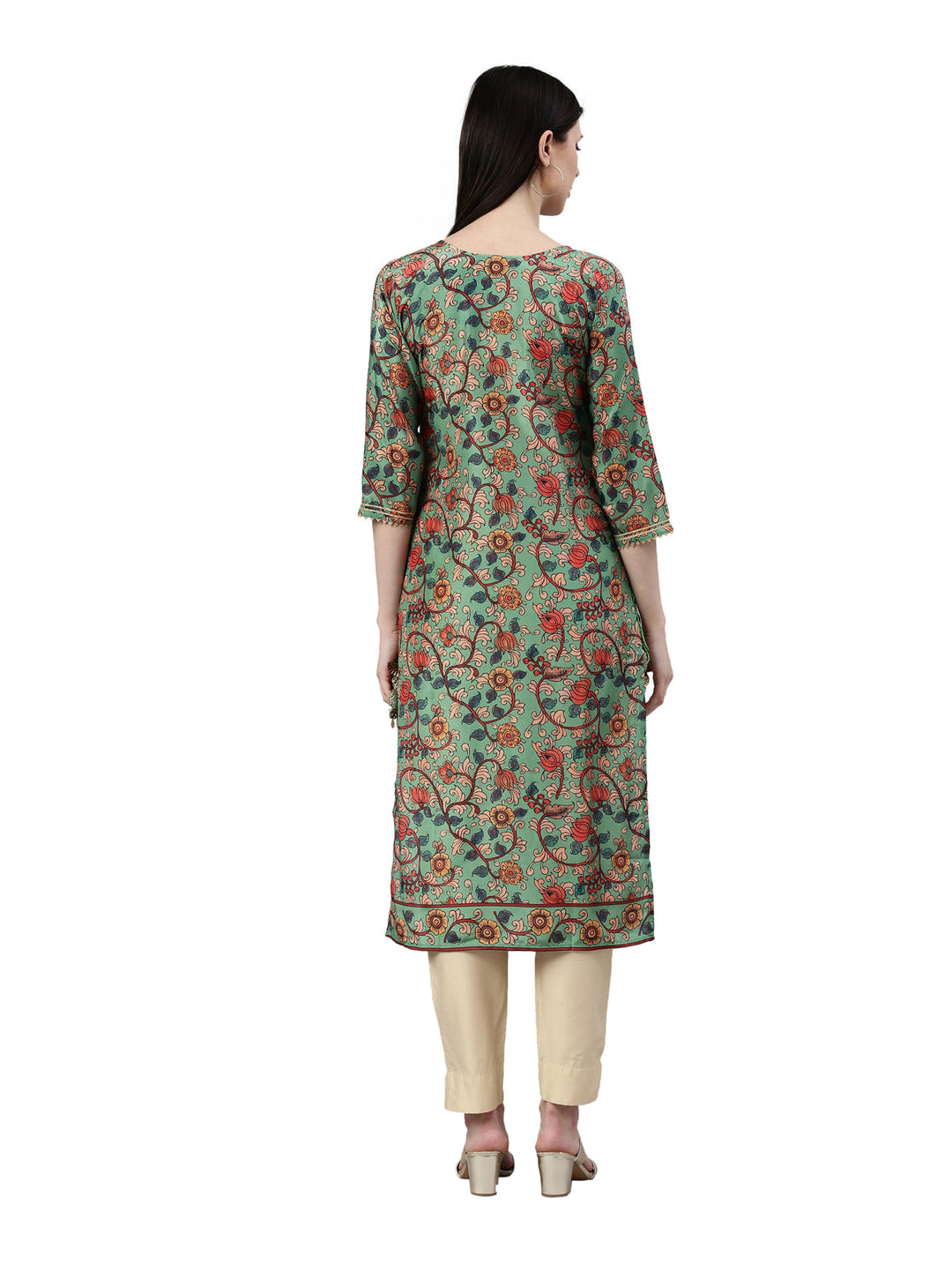 Neerus Green raw silk printed kurta floral - detail view 1
