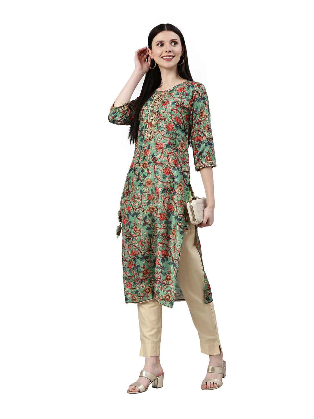 Neerus Green raw silk printed kurta floral - detail view 3