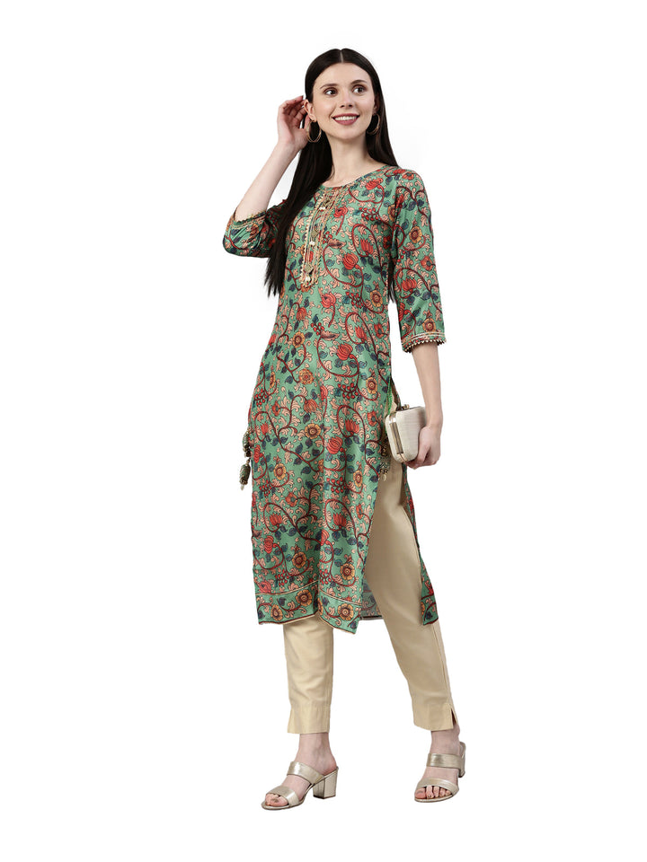 Neerus Green raw silk printed kurta floral - detail view 3