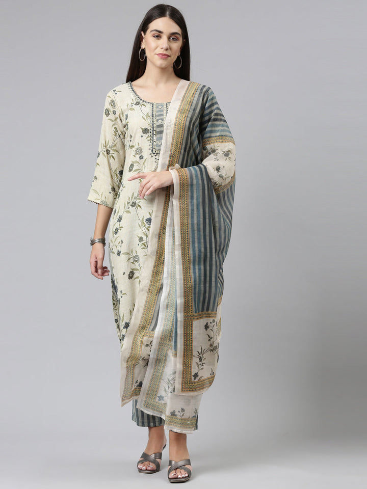 Neerus Blue printed floral kurta suit set - front view