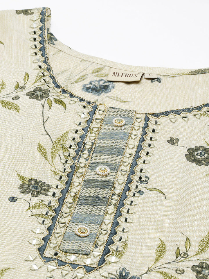 Neerus Blue printed floral kurta suit set - detail view 1