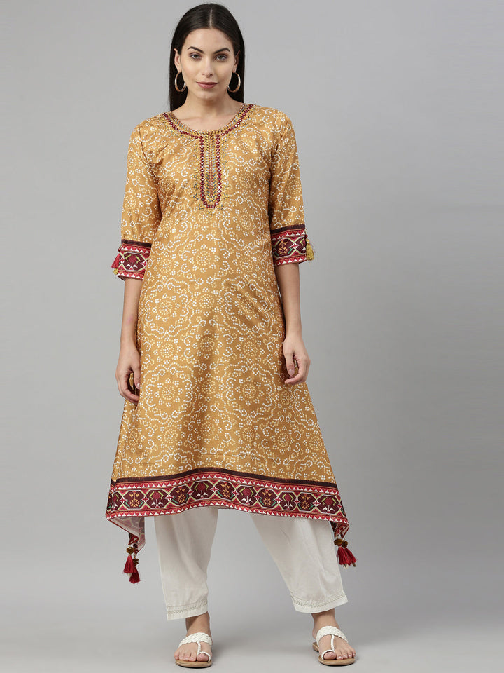 Neerus Yellow printed mirror work kurta keyhole neck - front view