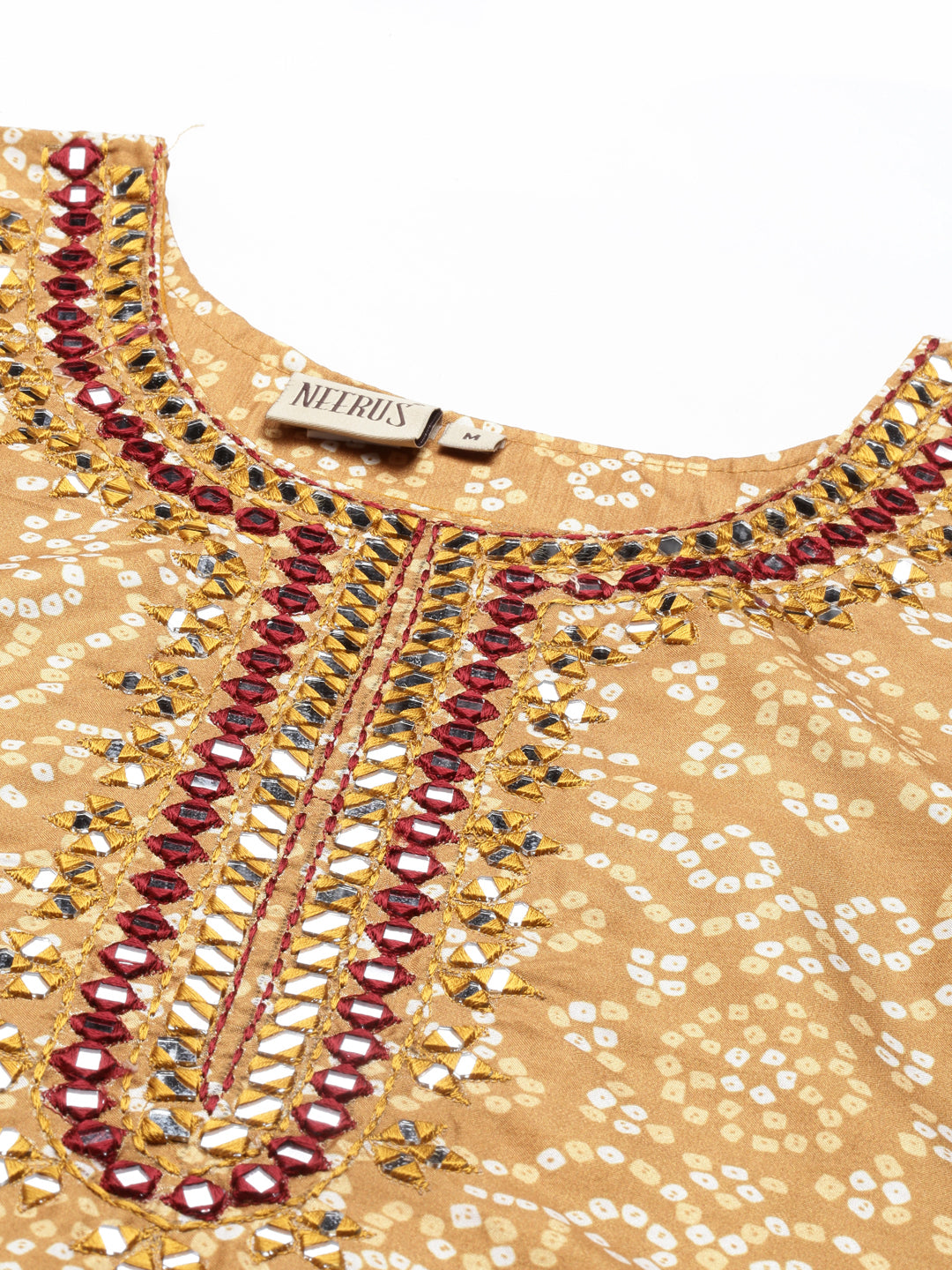 Neerus Yellow printed mirror work kurta keyhole neck - detail view 1