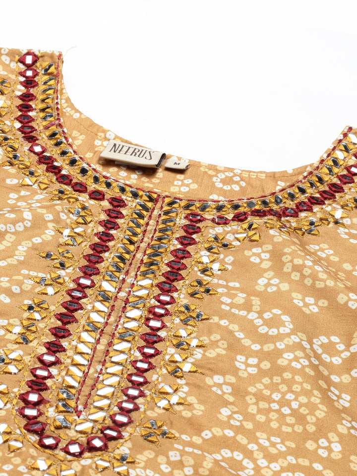 Neerus Yellow printed mirror work kurta keyhole neck - detail view 1