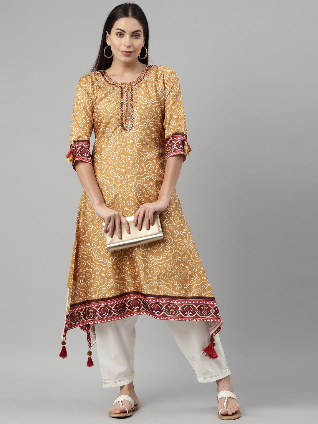 Neerus Yellow printed mirror work kurta keyhole neck - detail view 2