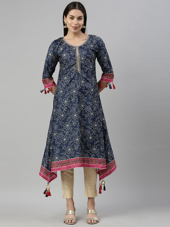 Neerus Blue rayon printed kurti - detail view 2
