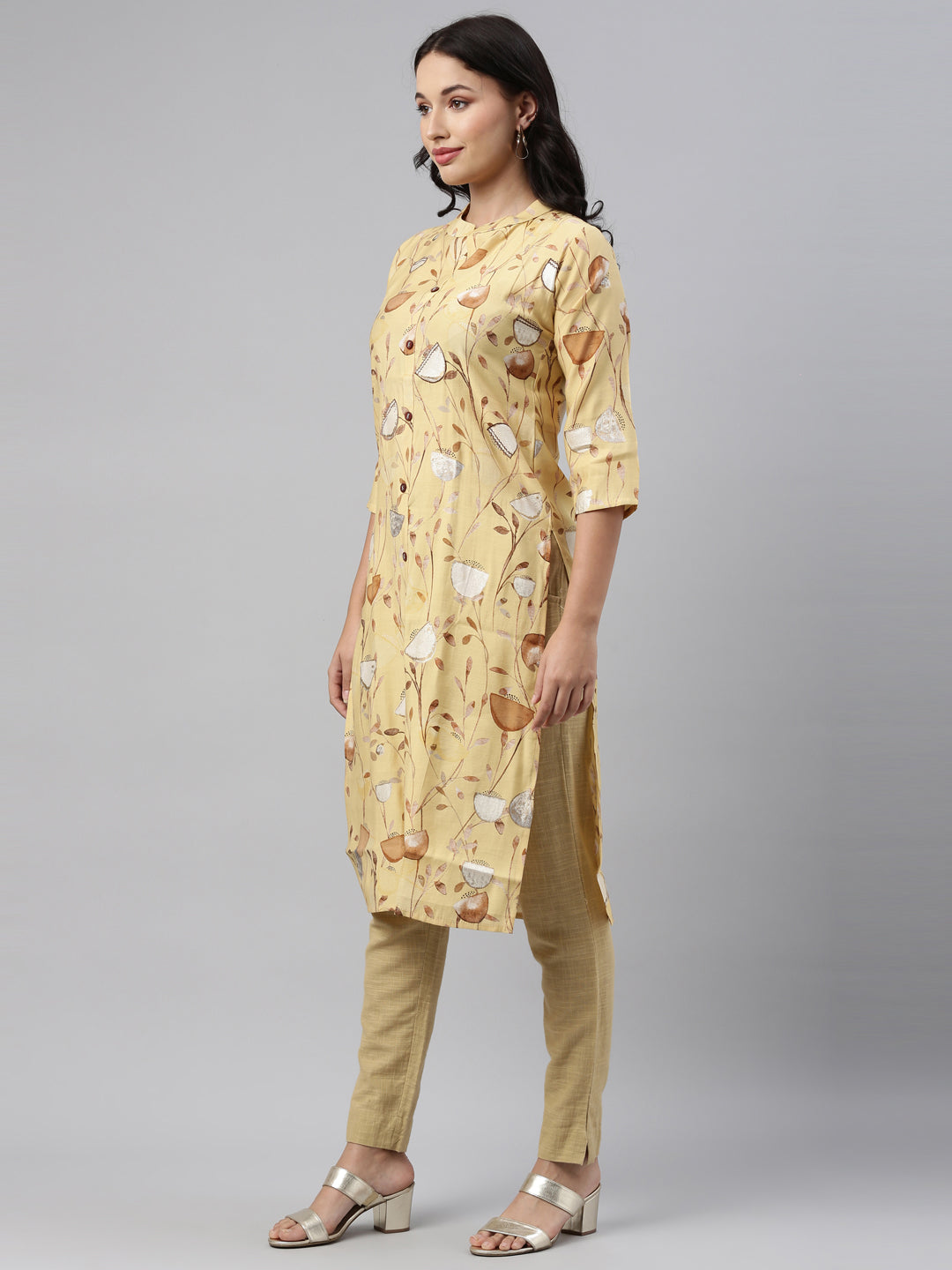 Neerus Yellow muslin straight kurti - back view