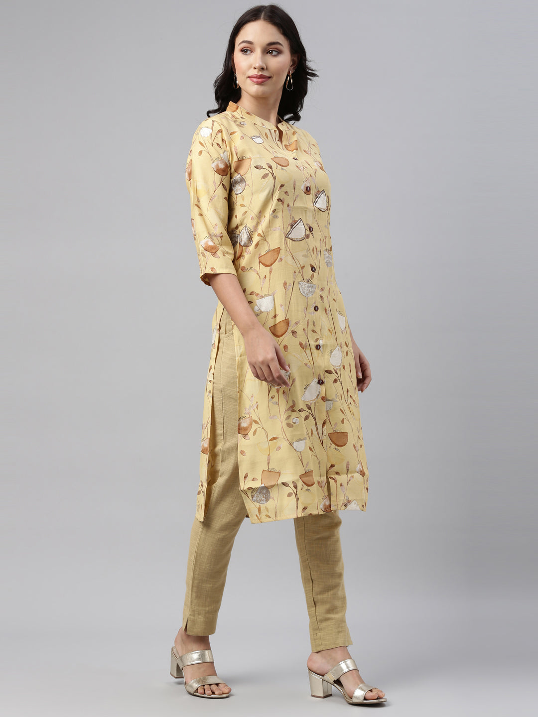Neerus Yellow muslin straight kurti - side view