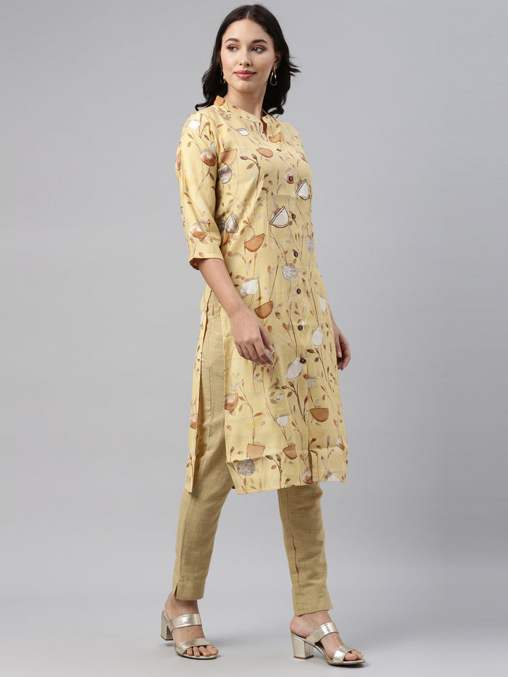 Neerus Yellow muslin straight kurti - side view