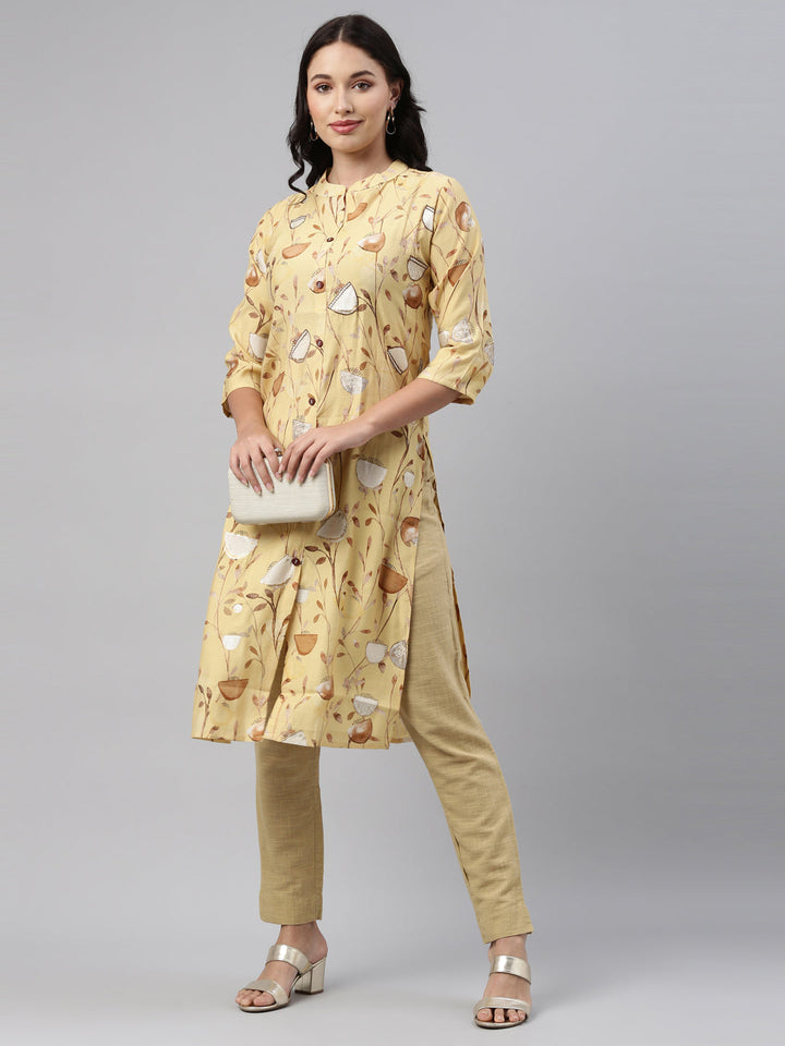 Neerus Yellow muslin straight kurti - front view