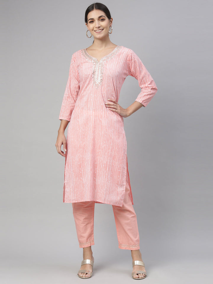 Neerus Pink cotton kurta set - front view