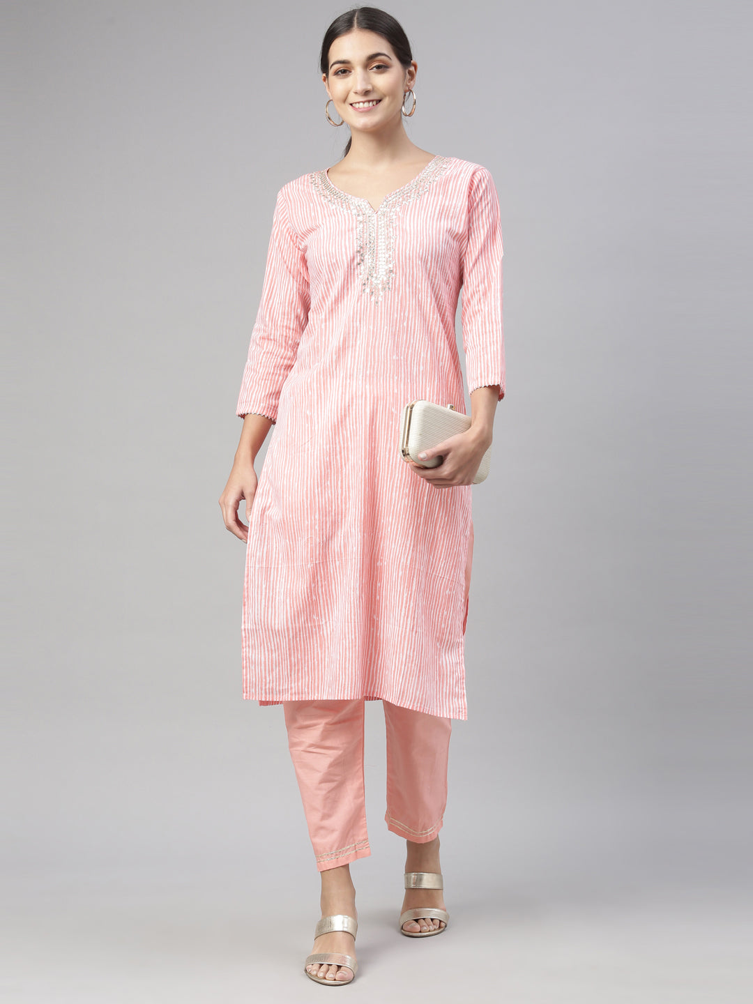 Neerus Pink cotton kurta set - detail view 5
