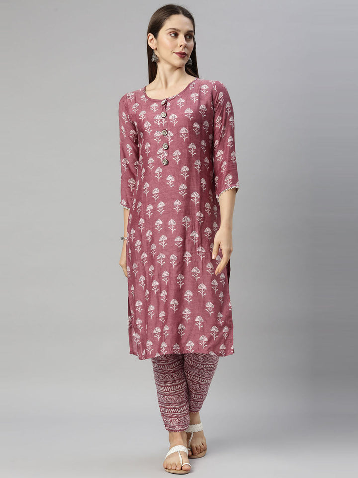 Neerus Pink muslin printed straight kurti - front view