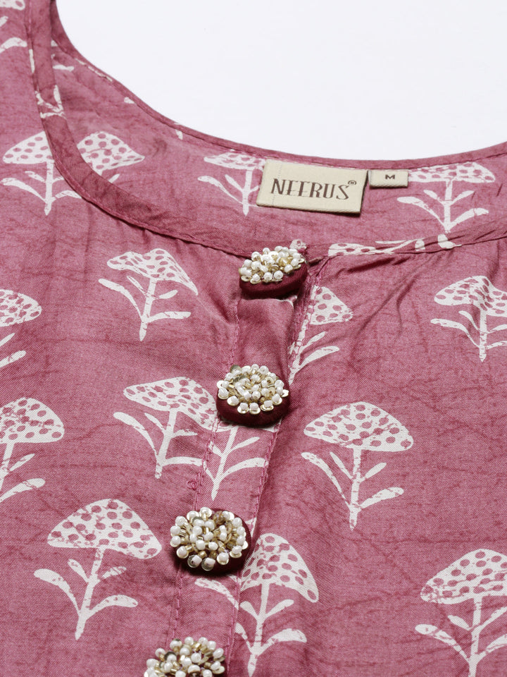 Neerus Pink muslin printed straight kurti - side view