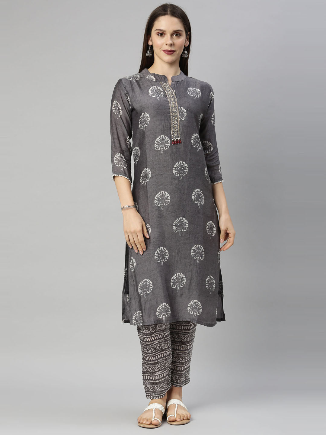 Neerus Grey muslin straight kurti - front view