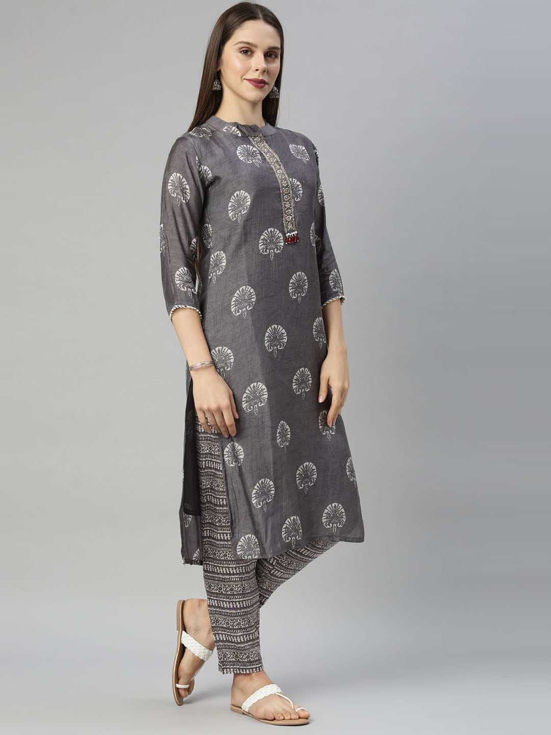 Neerus Grey muslin straight kurti - detail view 2