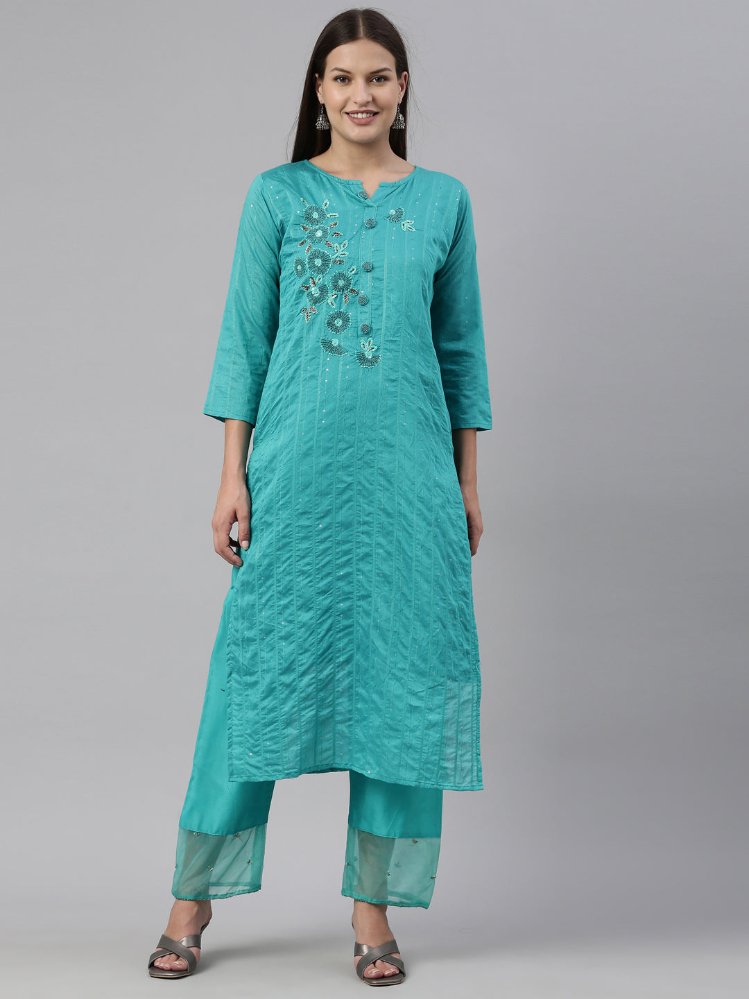 Neerus Green Chanderi printed kurta set - front view