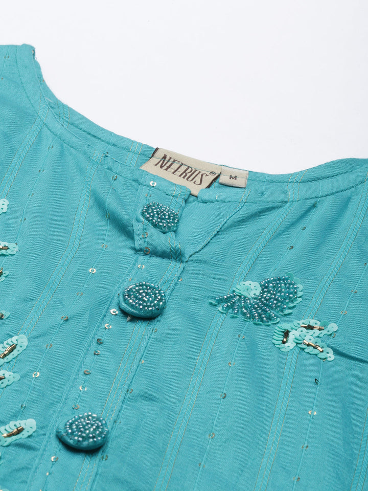 Neerus Green Chanderi printed kurta set - back view