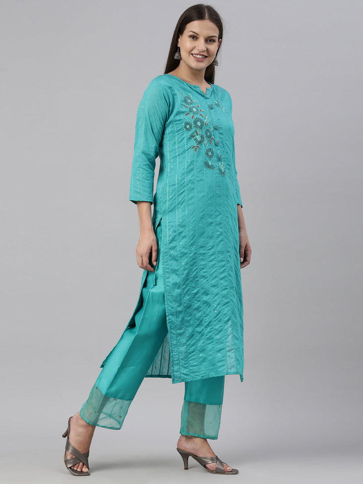 Neerus Green Chanderi printed kurta set - detail view 1