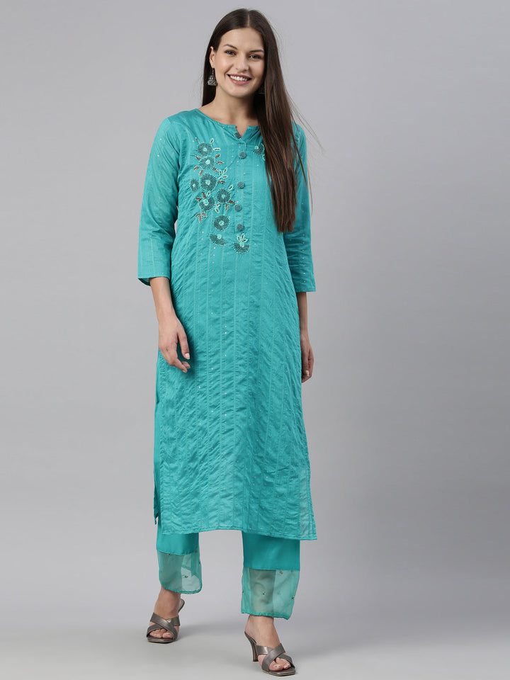 Neerus Green Chanderi printed kurta set - detail view 3