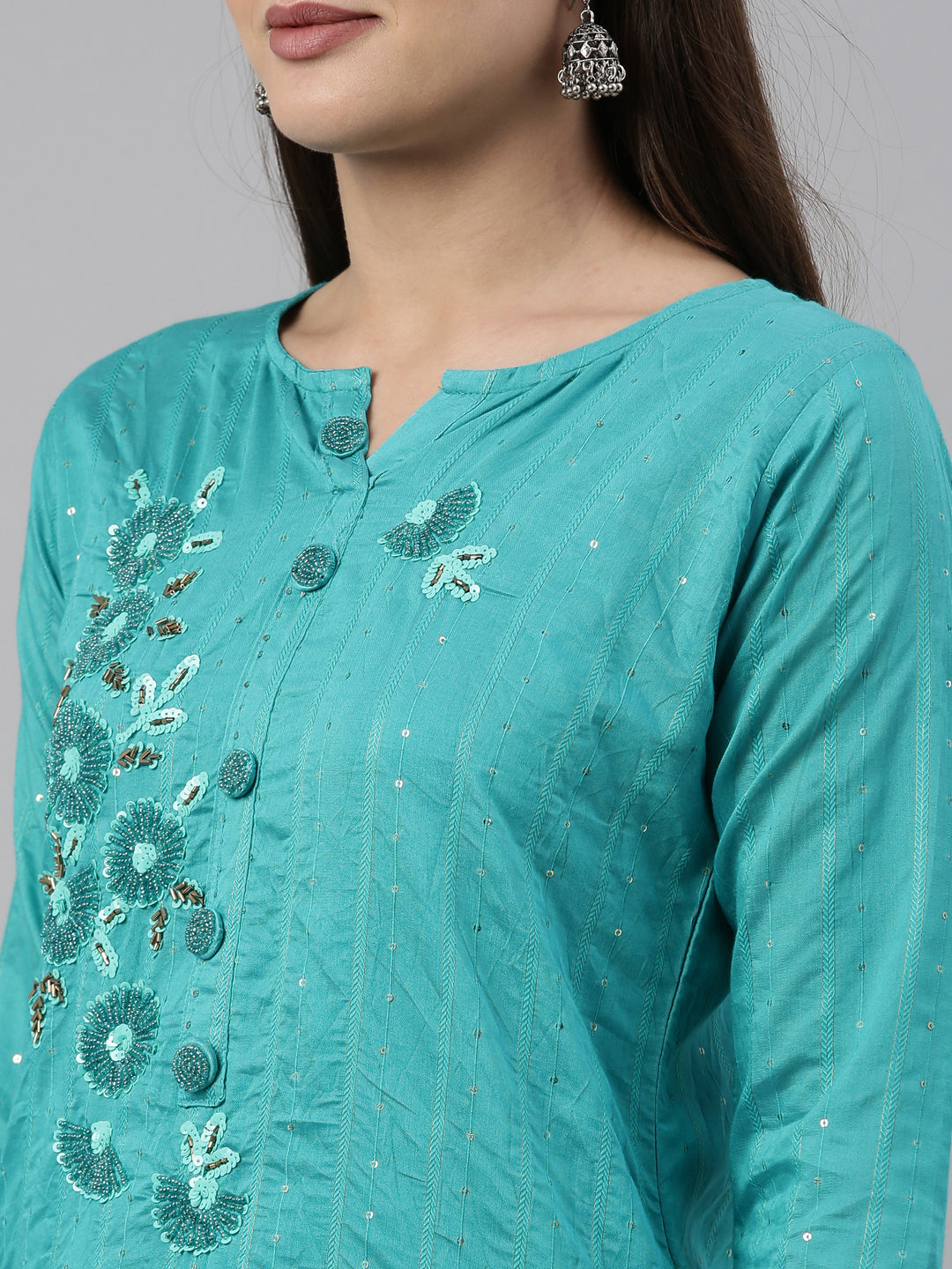 Neerus Green Chanderi printed kurta set - detail view 5