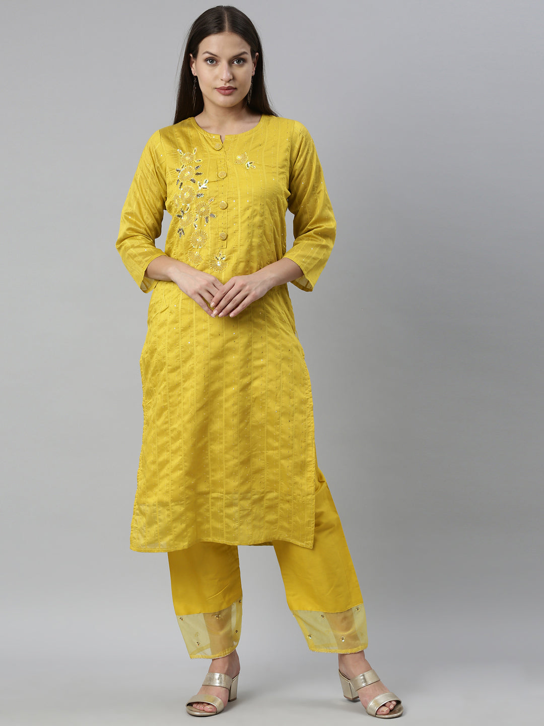 Neerus Yellow Chanderi straight kurta set - detail view 6