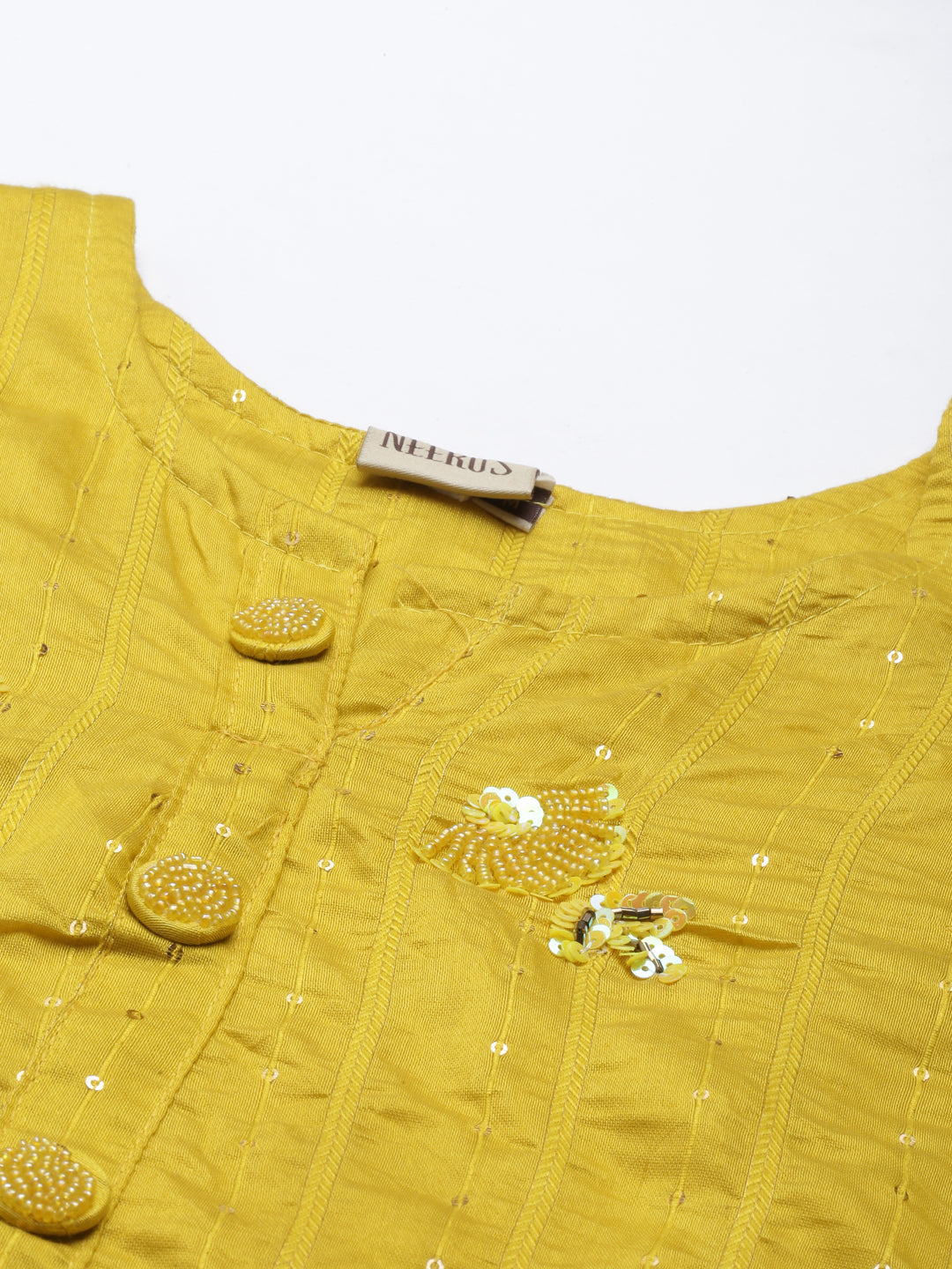 Neerus Yellow Chanderi straight kurta set - back view