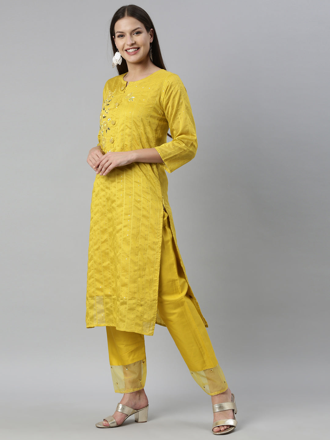 Neerus Yellow Chanderi straight kurta set - side view