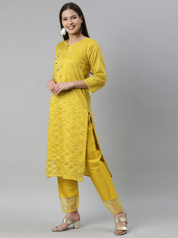 Neerus Yellow Chanderi straight kurta set - side view