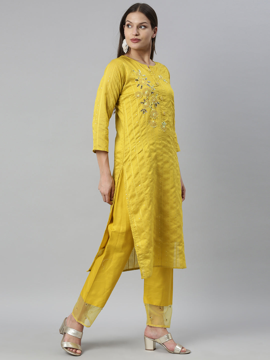 Neerus Yellow Chanderi straight kurta set - detail view 1