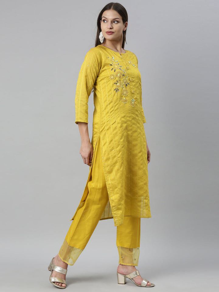 Neerus Yellow Chanderi straight kurta set - detail view 1
