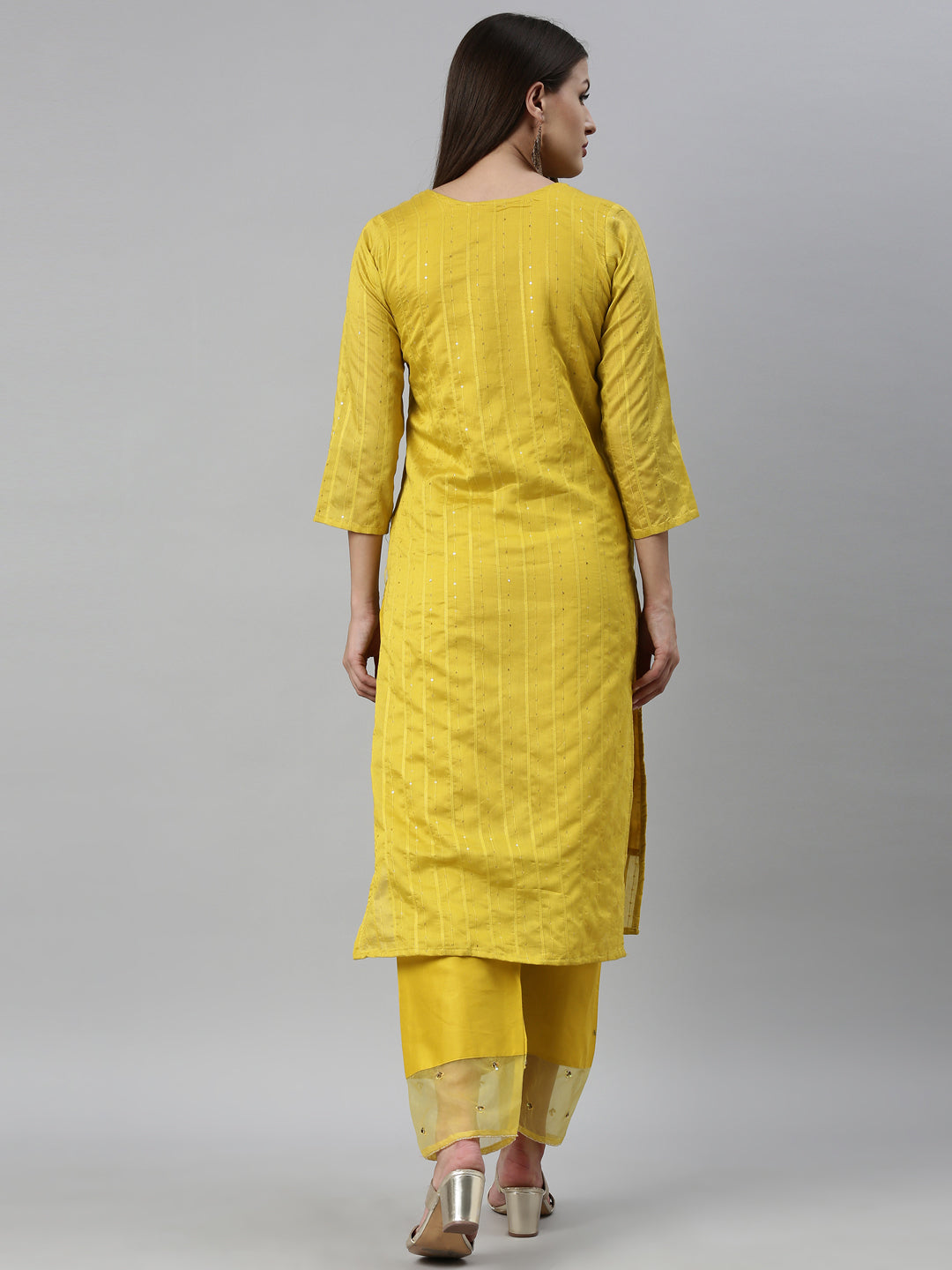 Neerus Yellow Chanderi straight kurta set - detail view 2