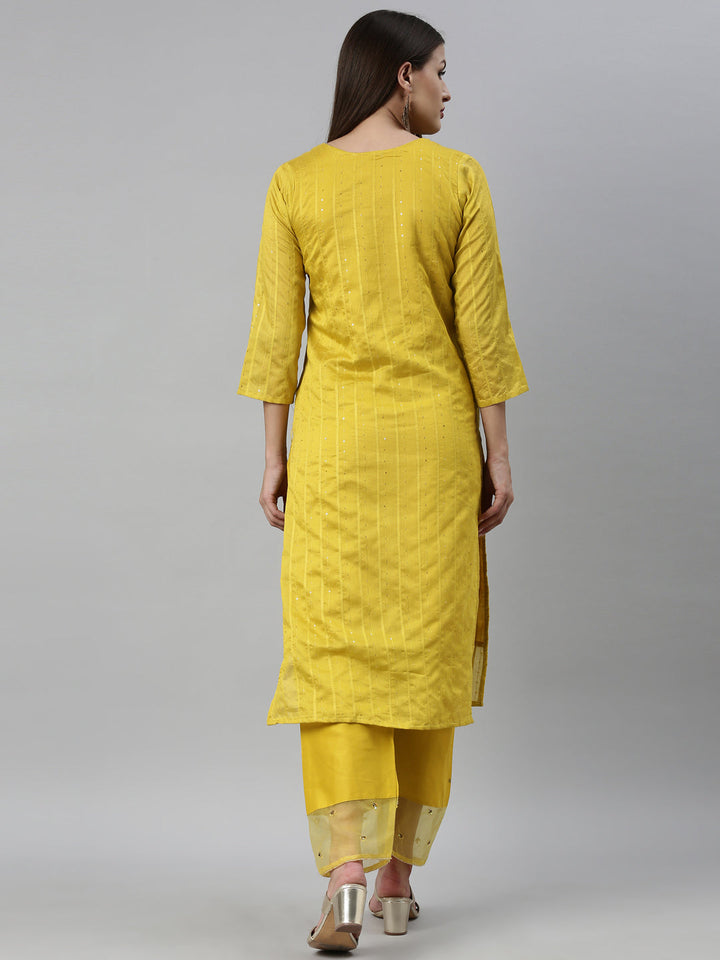 Neerus Yellow Chanderi straight kurta set - detail view 2