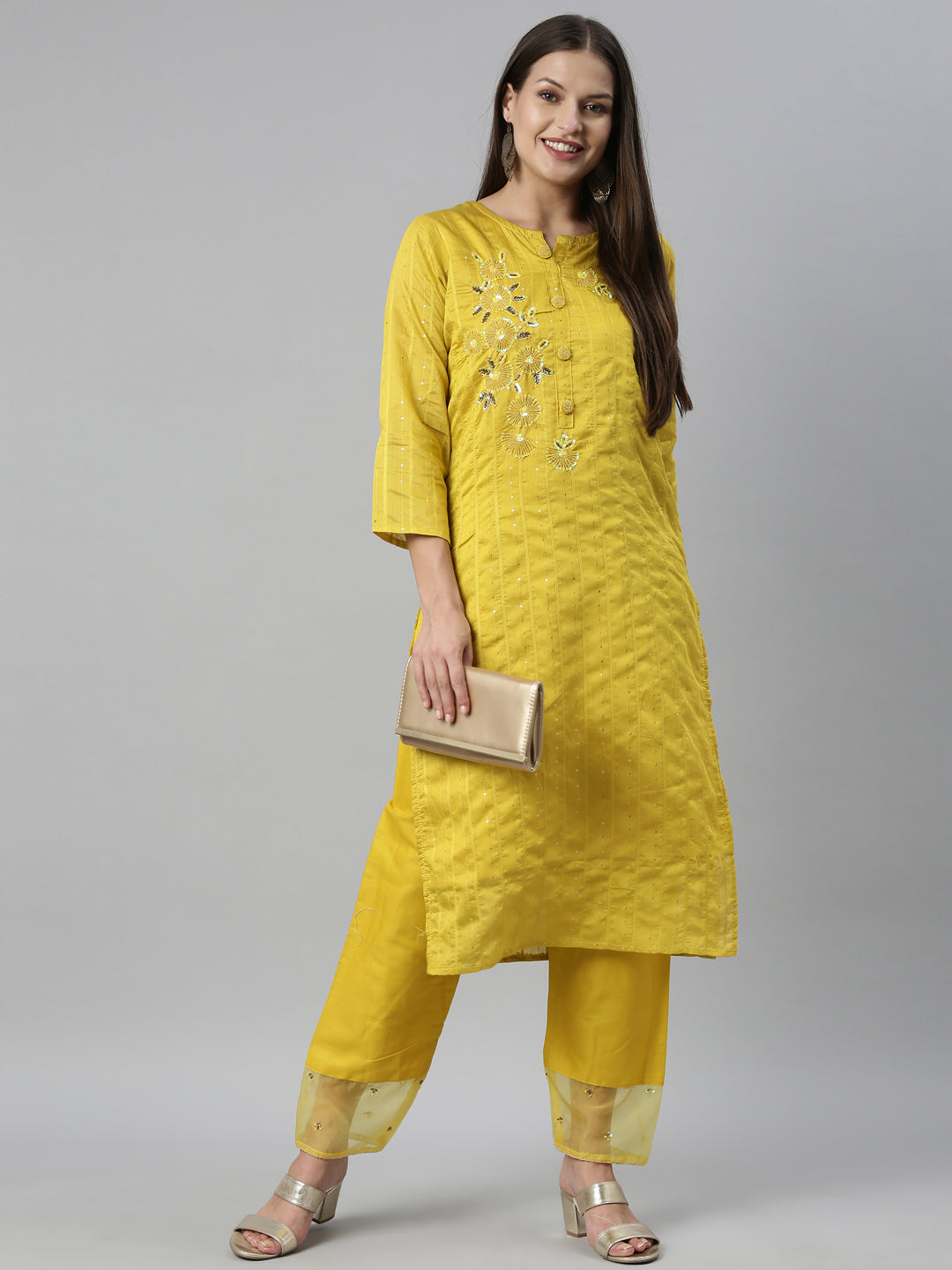 Neerus Yellow Chanderi straight kurta set - detail view 3