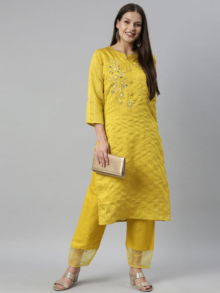 Neerus Yellow Chanderi straight kurta set - detail view 3