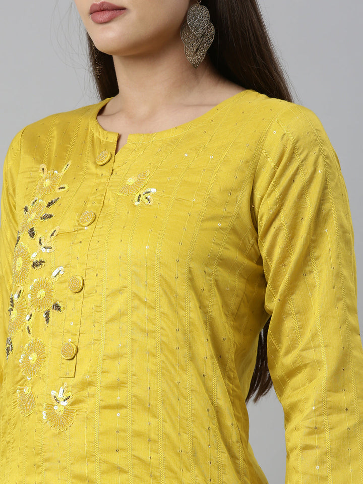 Neerus Yellow Chanderi straight kurta set - detail view 4