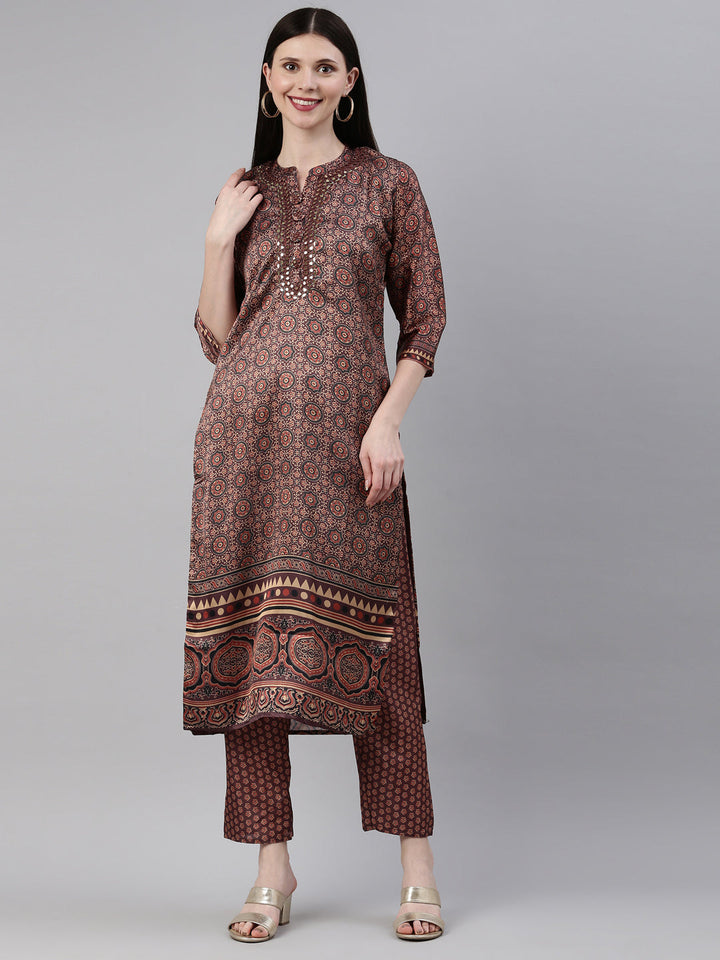 Neerus Brown silk printed kurta set A-line - front view