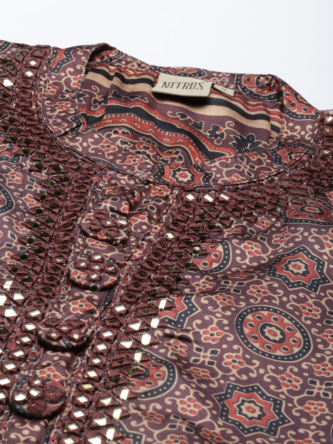 Neerus Brown silk printed kurta set A-line - back view