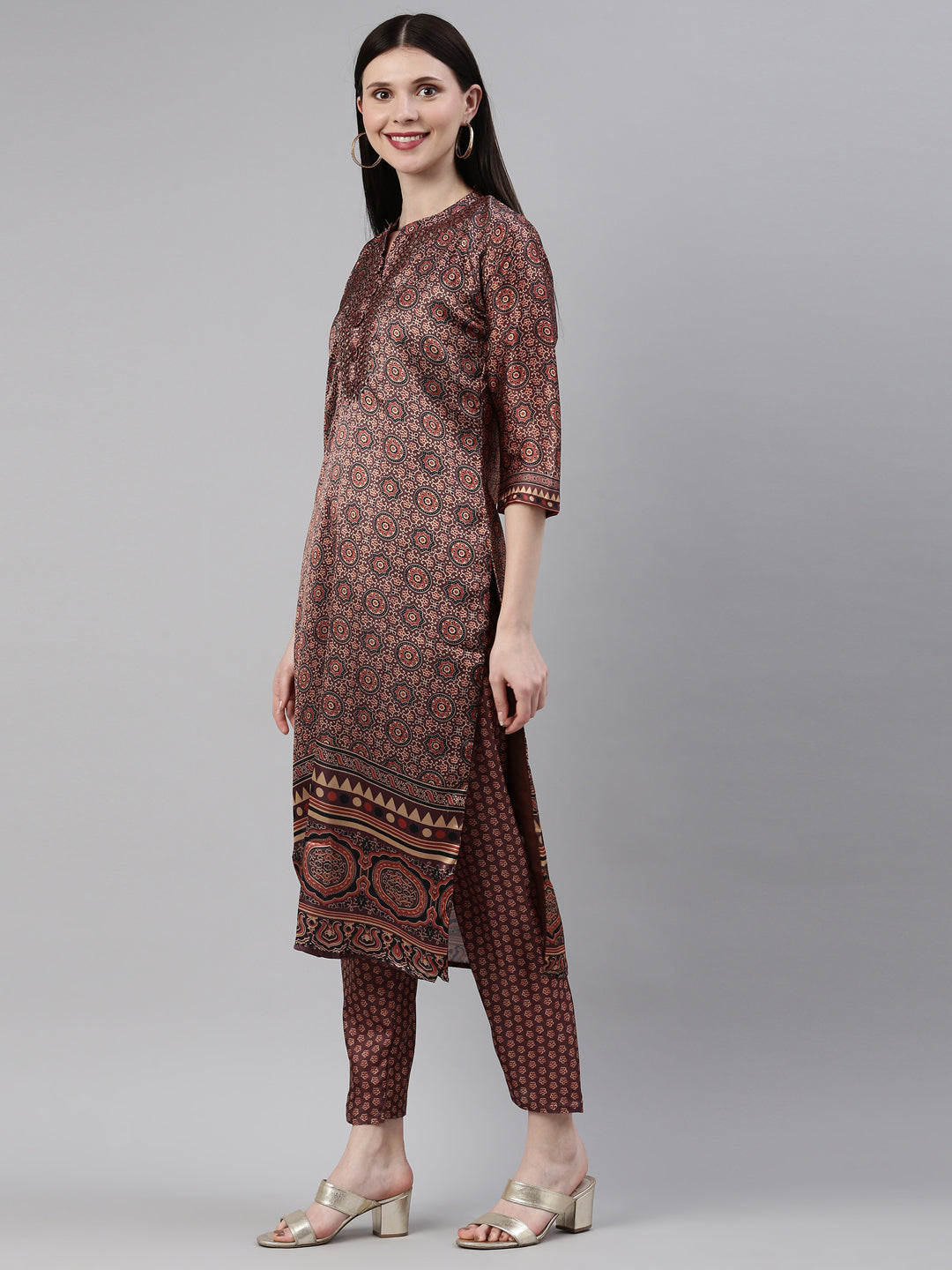 Neerus Brown silk printed kurta set A-line - side view