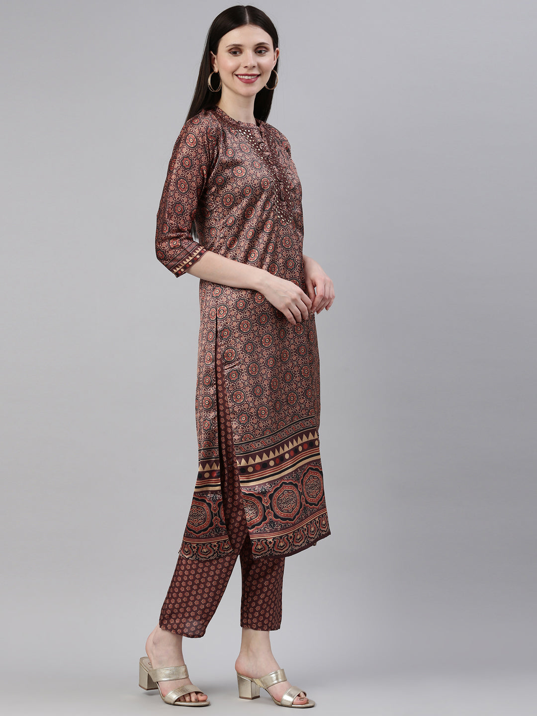 Neerus Brown silk printed kurta set A-line - detail view 1